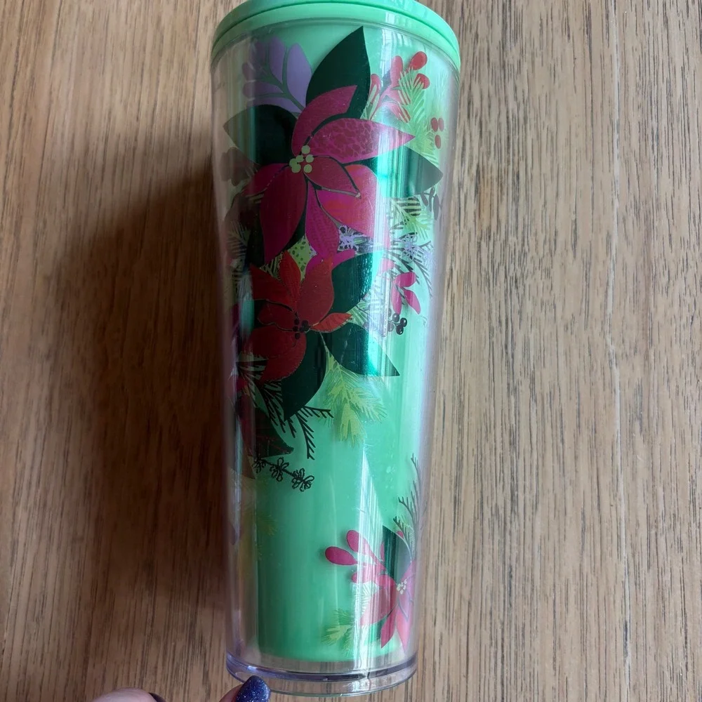 STARBUCKS‎ 2021 Ltd Edition Color Change Tumbler Green Poinsettia Holiday 24 oz
